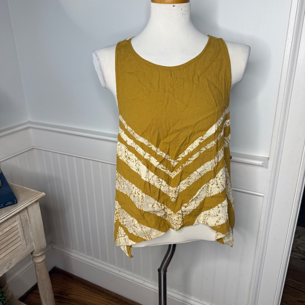 Free People Mustard Yellow Chevron Lace Mixed Print Side Tie Tank Top Large